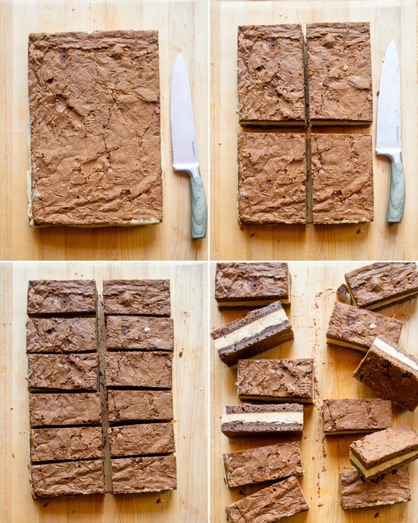 Four images showing a large peanut butter brownie being cut into sandwich sizes.