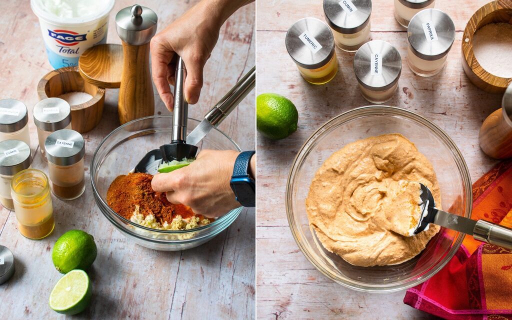 Two images - one of hands reaming lime juice into a bowl of other ingredients, and one of tandoori marinade with a spatula sticking out of it.