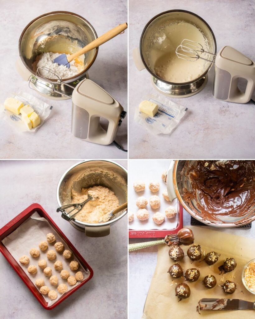 Four photos showing how to build chocolate toasted coconut balls.