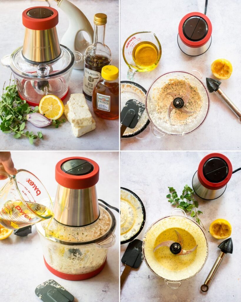 Four images of the making of a creamy feta dressing with a red food chopper.