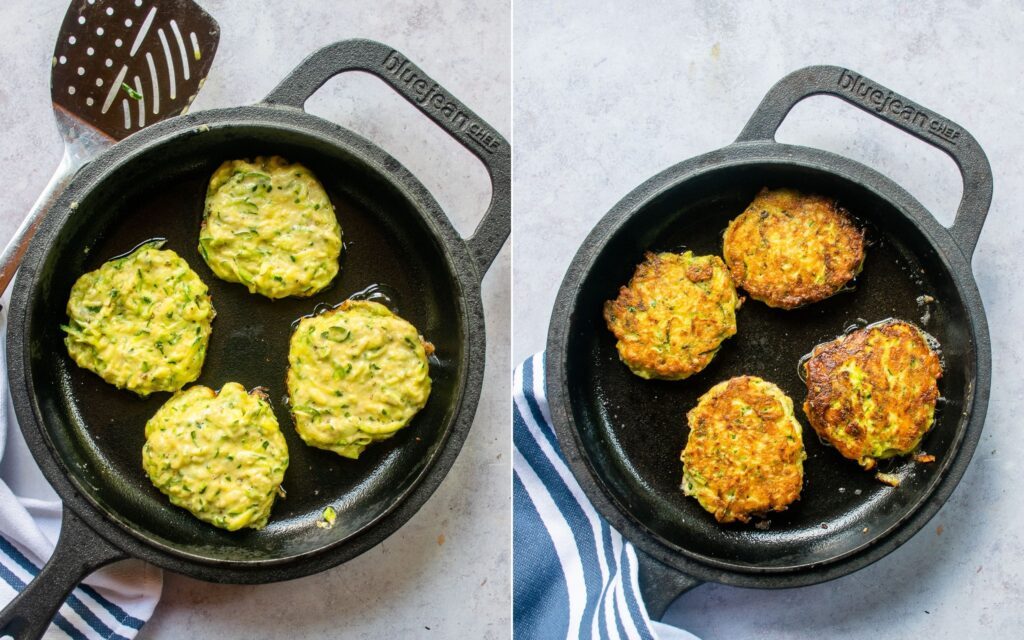 Two images of zucchini Fritters cooking in a cast iron skillet.