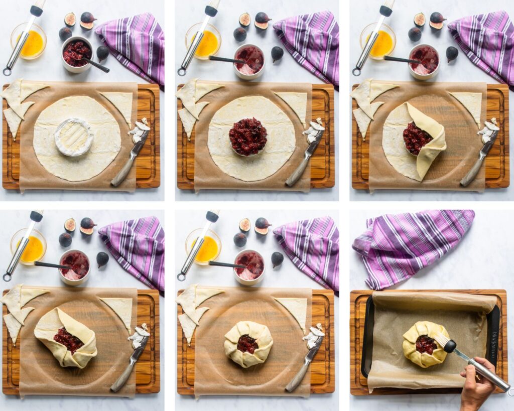 6 images showing how to wrap a wheel of brie with pastry, topped with fig jam.