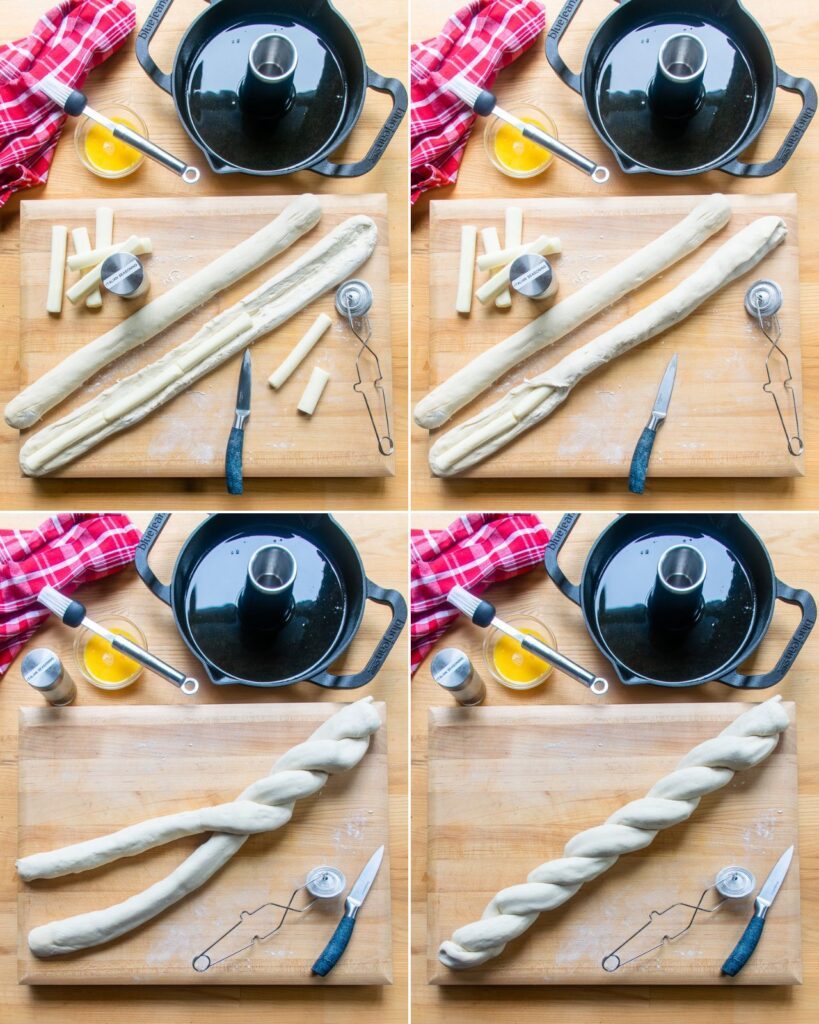 4 images showing how to braid logs of stuffed dough together in a cast iron vertical roaster.