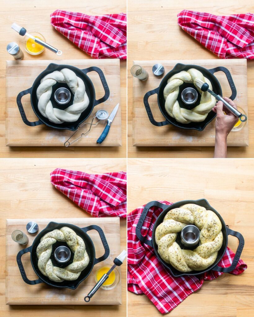 4 images showing a braided bread ring rising in a cast iron vertical roaster.
