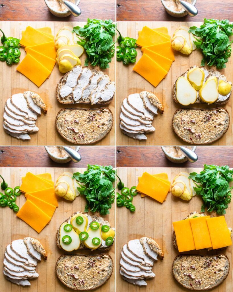 Four images showing how to assemble a spicy turkey panini.