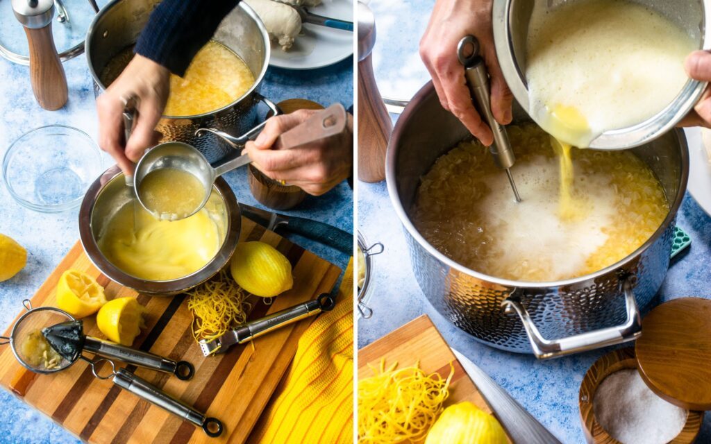 Two images showing how to temper the eggs into a pot of avglolemono soup. One whisking hot soup into the eggs in a bowl, the second showing whisking the eggs into the pot of soup.
