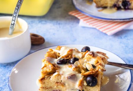 Blueberry Bread Pudding with Maple Mascarpone Sauce