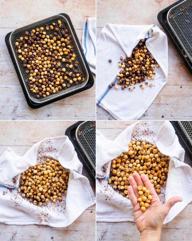 Four images showing how to peel hazelnuts by toasting in an air fryer basket, putting into a clean kitchen towel, rubbing off the peels.