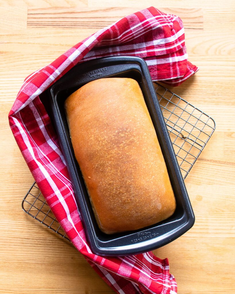 A loaf of white sandwich bread in a loaf pan on a cooling rack with a red and white kitchen towel.