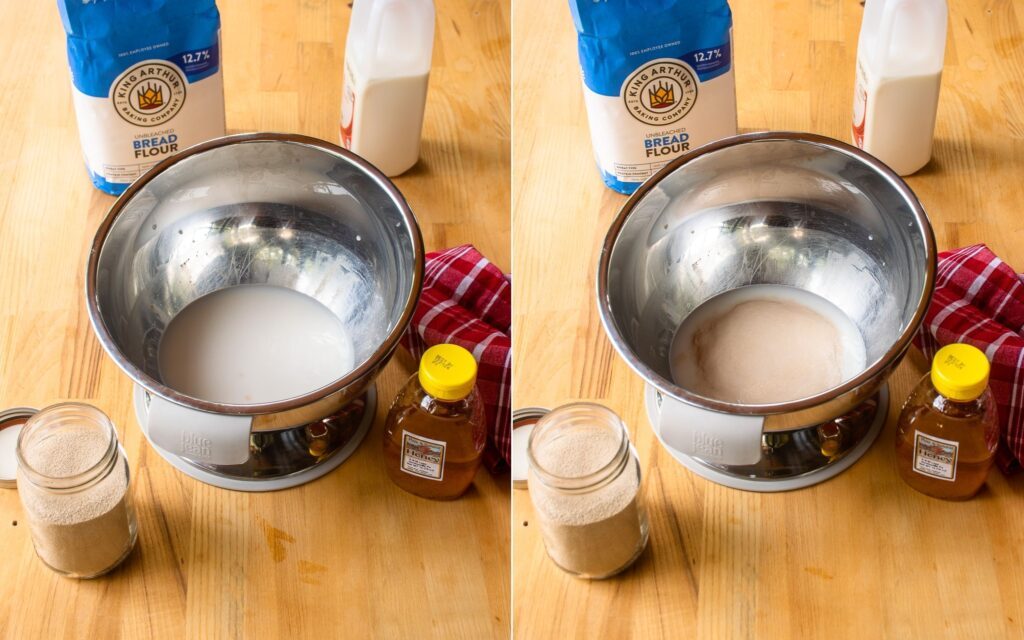 Two images showing yeast proofing in a bowl: the first image shows the yeast before proofing and the second shows the yeast after proofing.