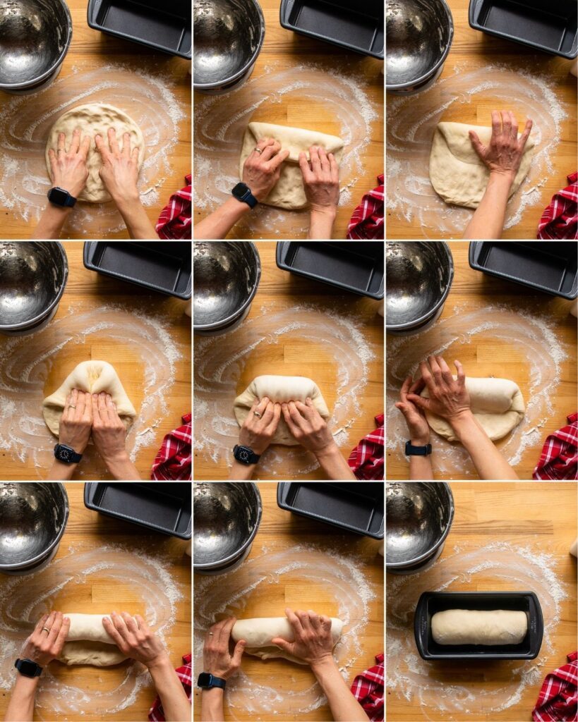 Nine images showing how to fold dough into a loaf shape.