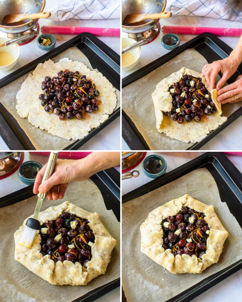 Four images showing how to fold the pastry around the filling for a cherry galette.