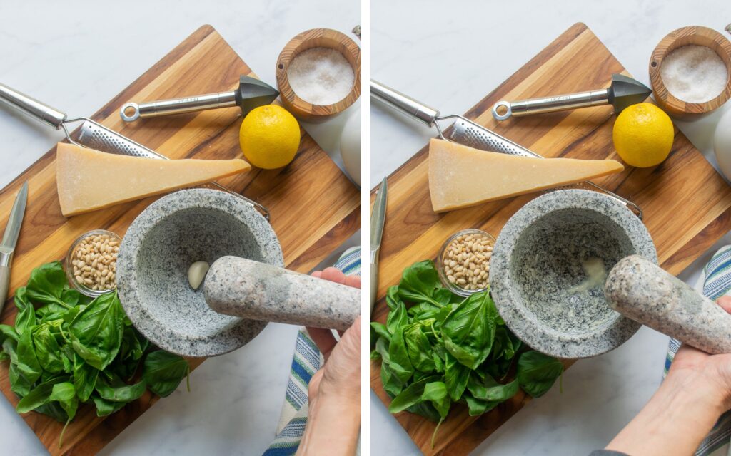 Two images of garlic in a mortar. The first shows the garlic clove whole and the second shows the paste you can make out of the garlic with a pestle.
