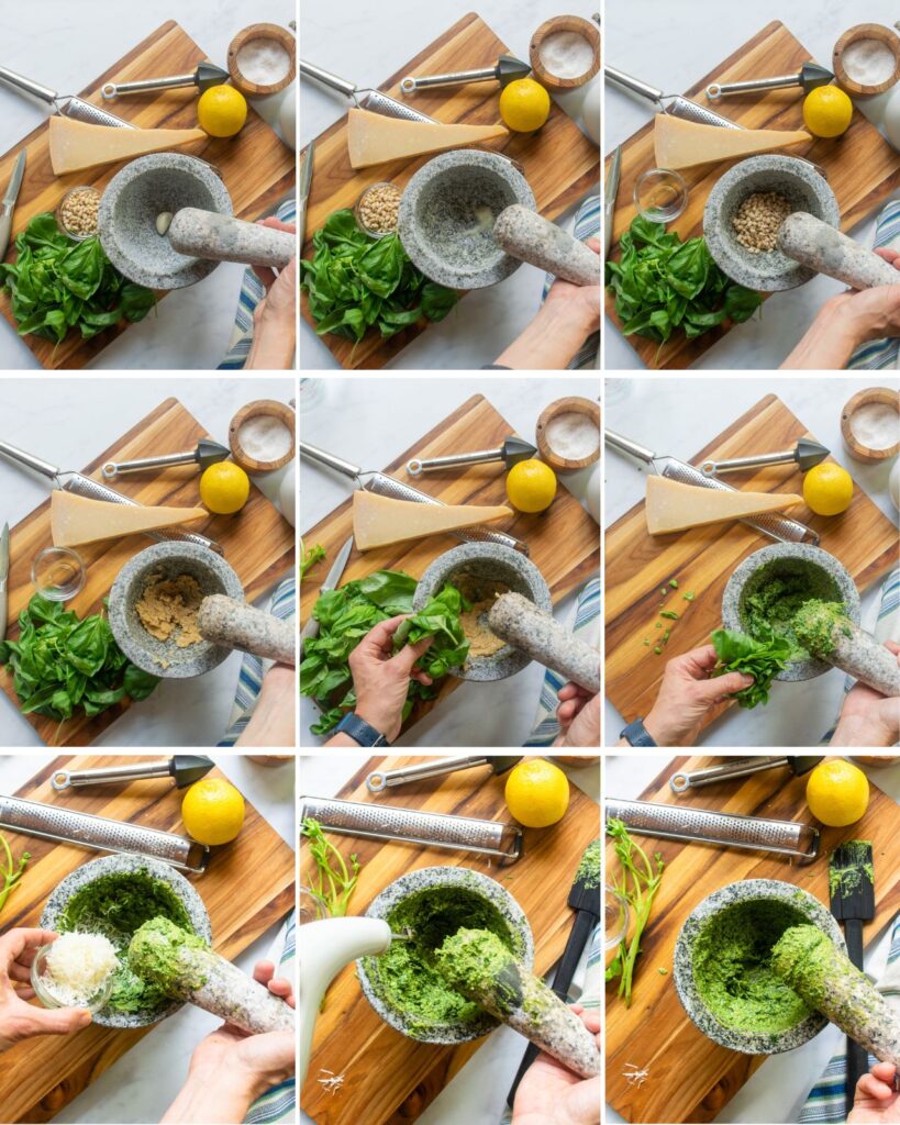 Nine photographs showing the steps of making a basil pesto with a mortar and pestle.