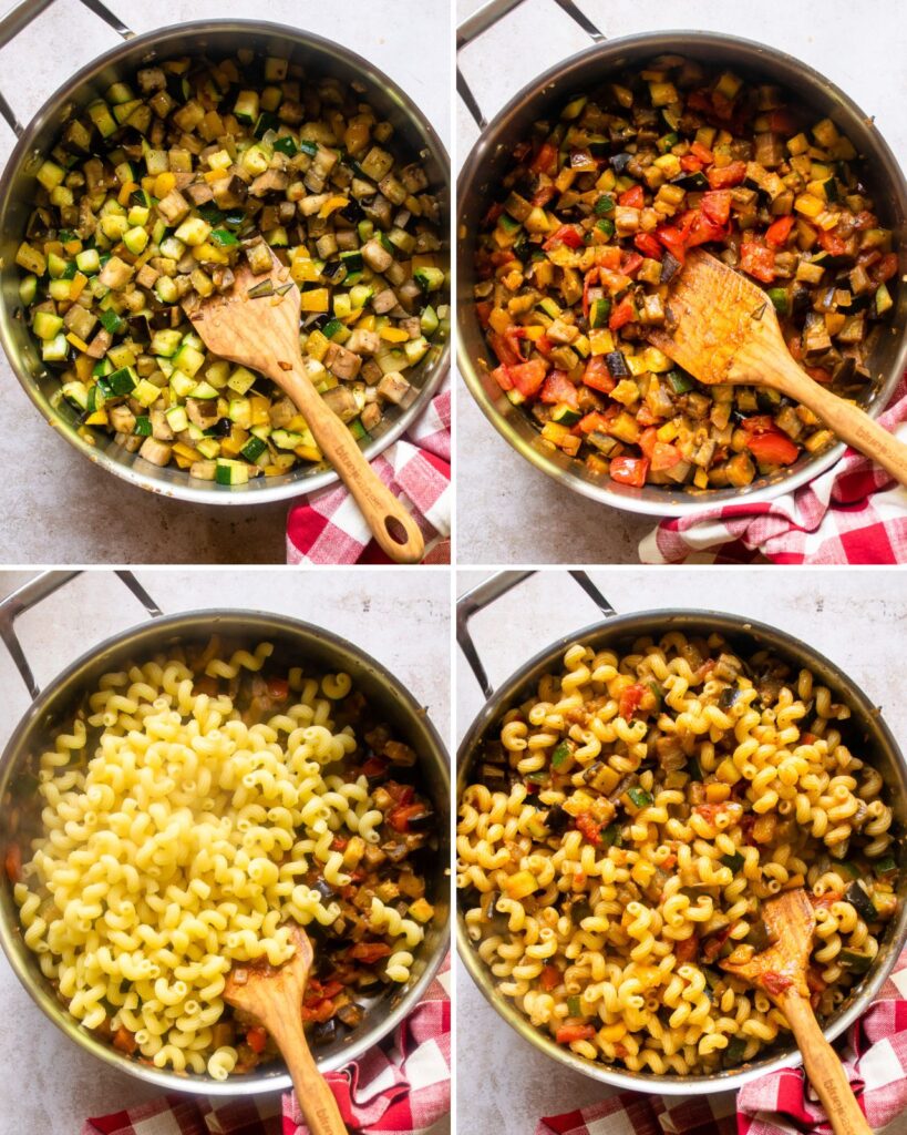 Four images showing how to build ratatouille cavatappi in a saute pan, adding different ingredients in each photo.