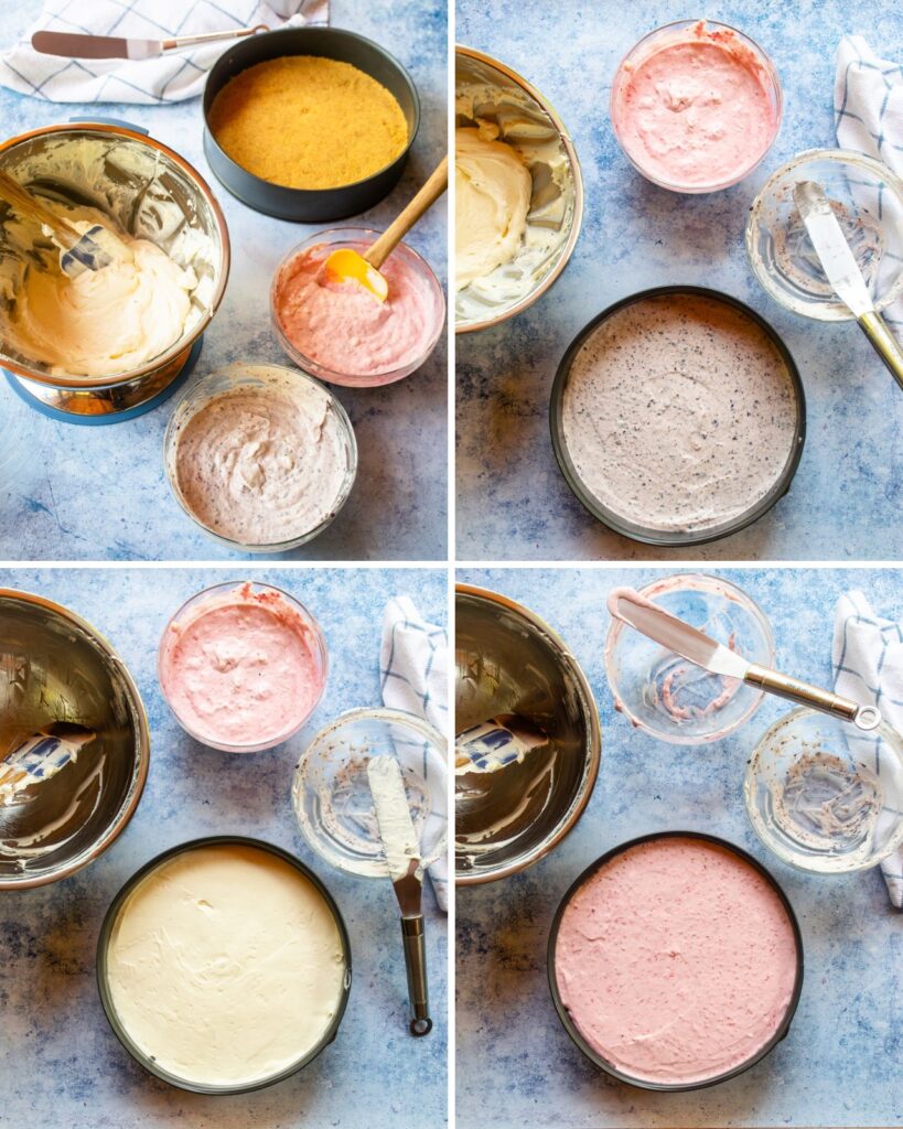 Four images showing how to add different layers to a no bake cheesecake pan.