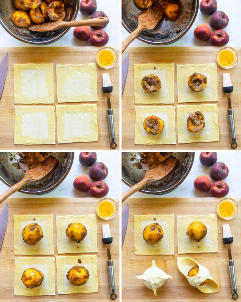 Four photographs showing how to build peach dumplings.