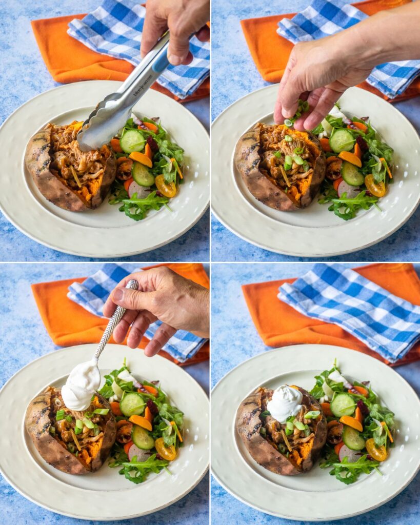 Four images showing the steps in making air fryer stuffed sweet potatoes.