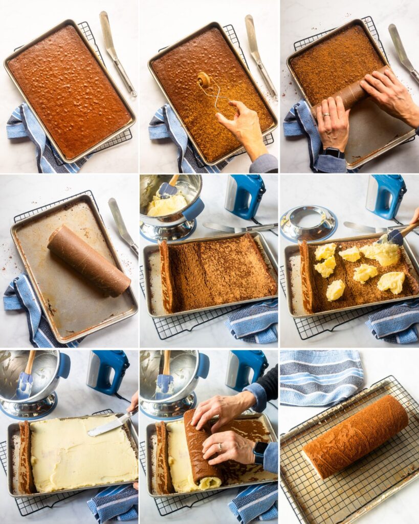 9 photos showing how to roll a Chocolate Swiss Roll.