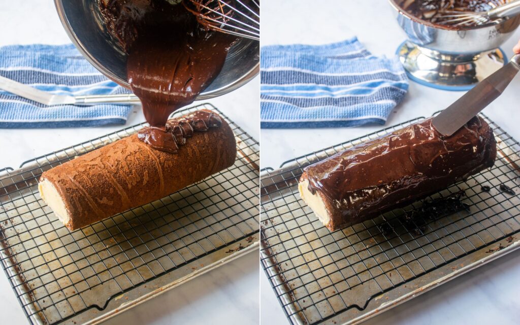 2 photos showing coating a chocolate swiss roll with ganache.