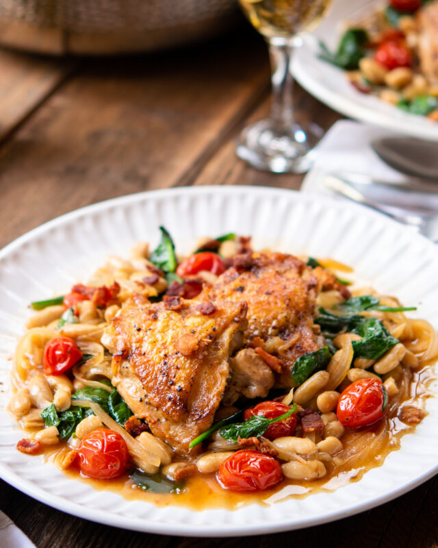 Crispy Chicken Thighs with White Beans & Tomatoes