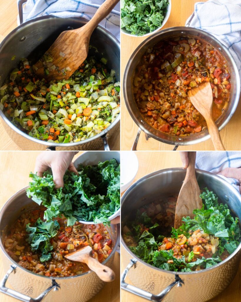 Four images of the stages of making lentil soup, adding kale and stirring it in.