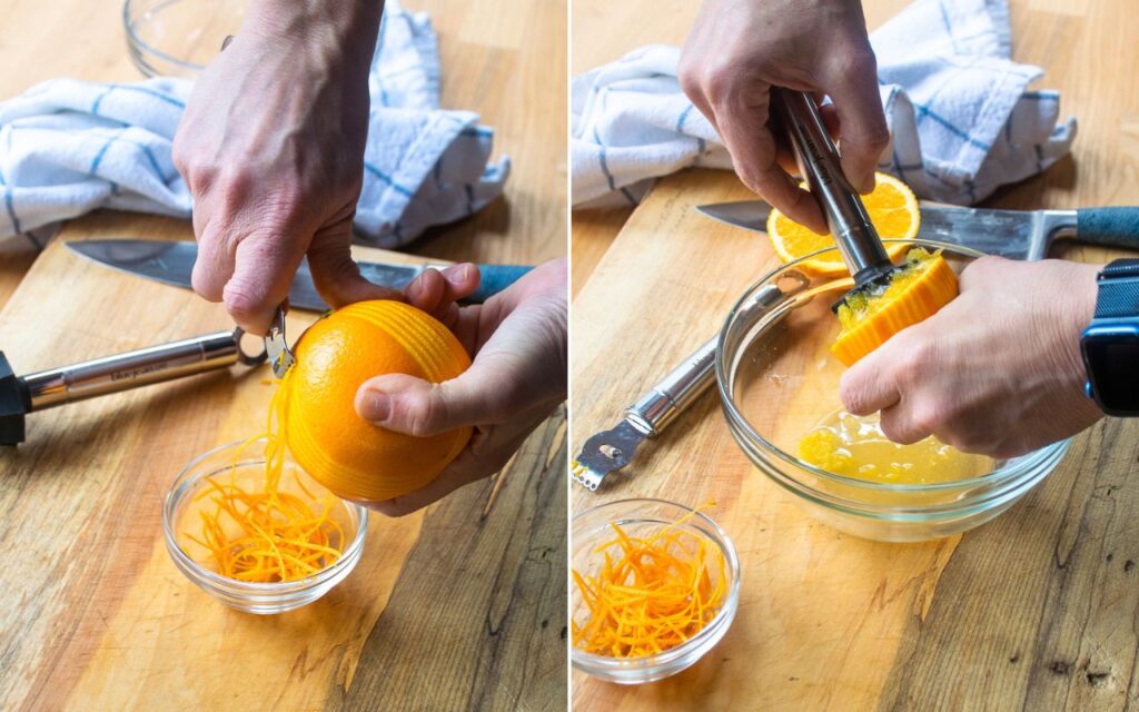 Two images: the first of hands zesting an orange; the second of hands juicing half an orange with a reamer.