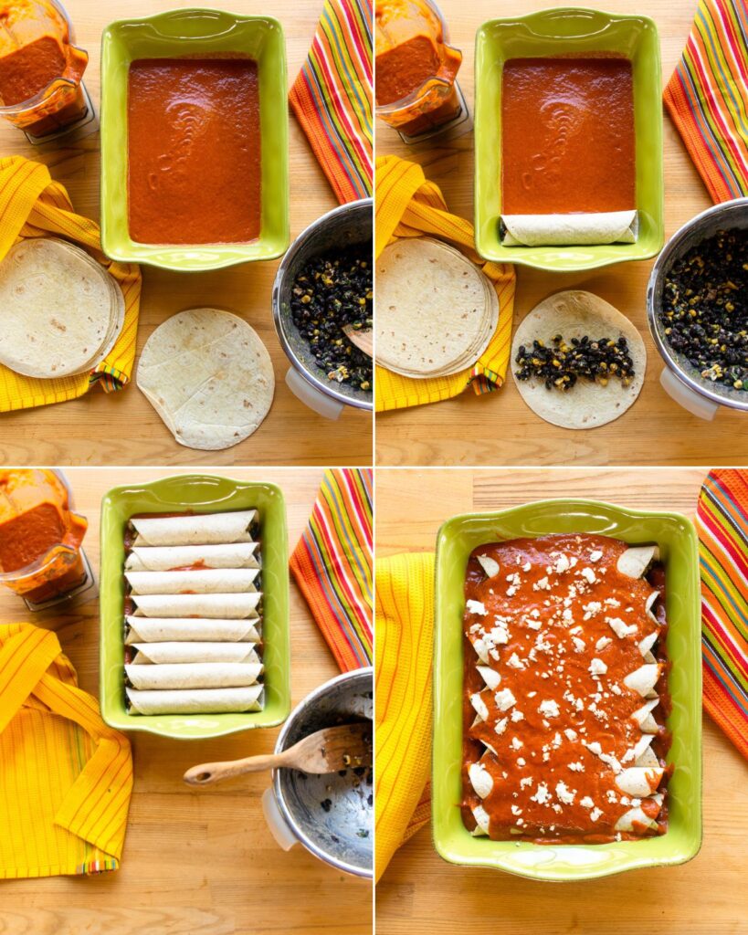 Four images showing how to roll up enchiladas around a filling and build the casserole.