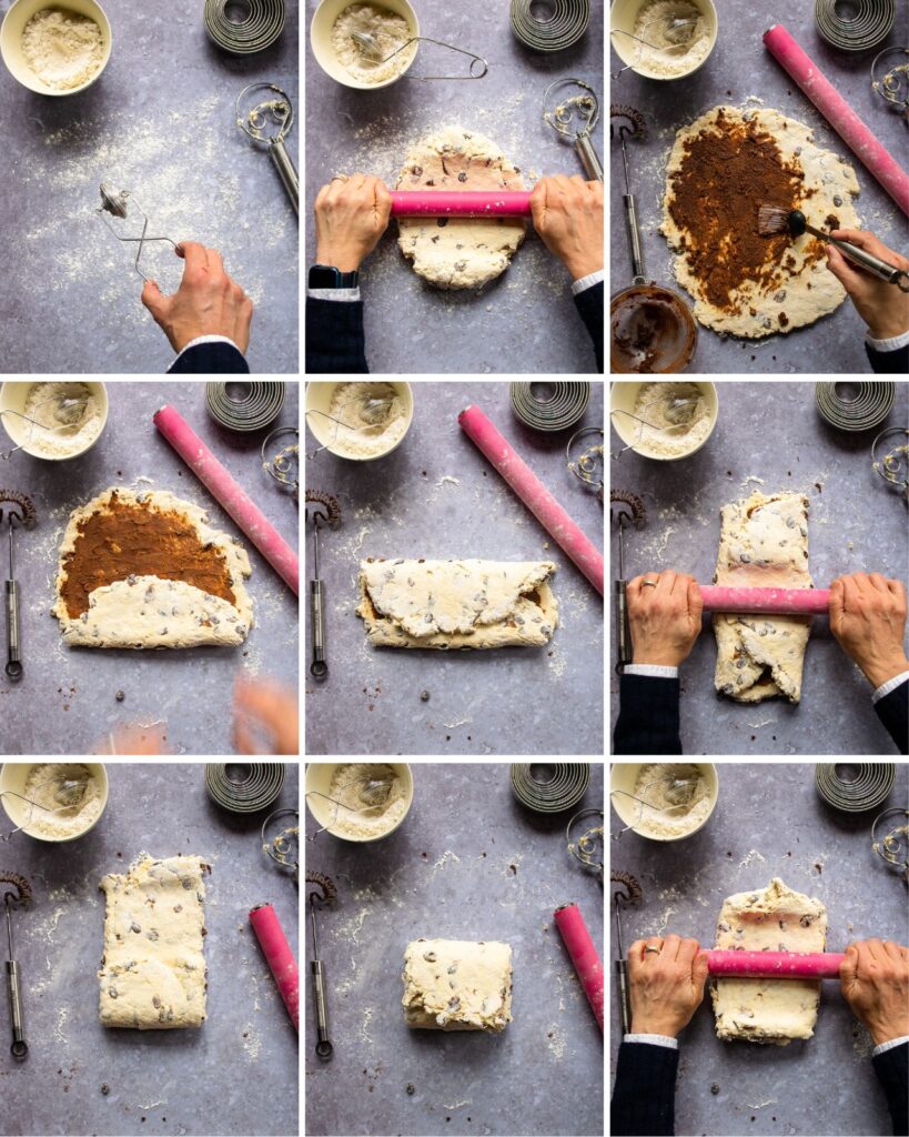 9 images showing step by step instructions on how to fold and cut cinnamon raisin biscuits.