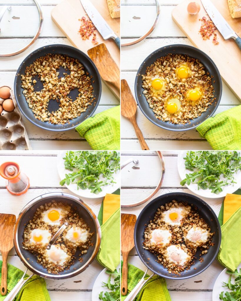 Four images showing the steps in making crispy eggs in bacon breadcrumbs
