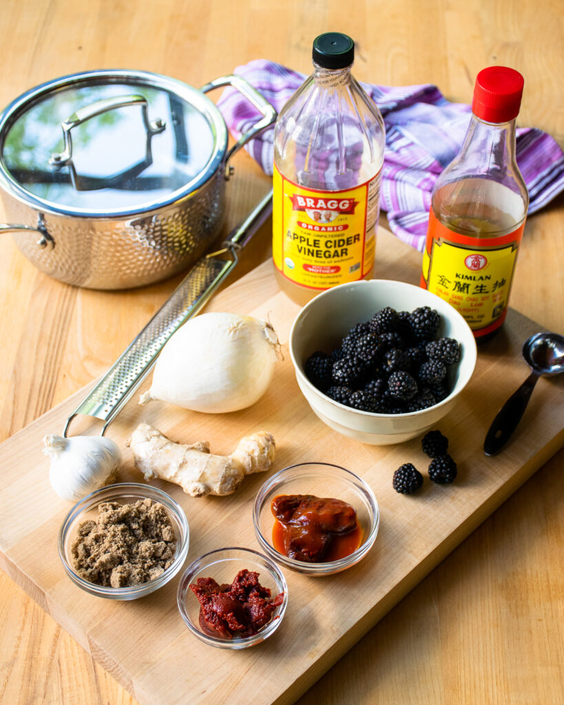 Ingredients for blackberry BBQ sauce on a cutting board - apple cider vinegar, soy sauce, blackberries, tomato paste, chipotle peppers, brown sugar, ginger, garlic and onion.