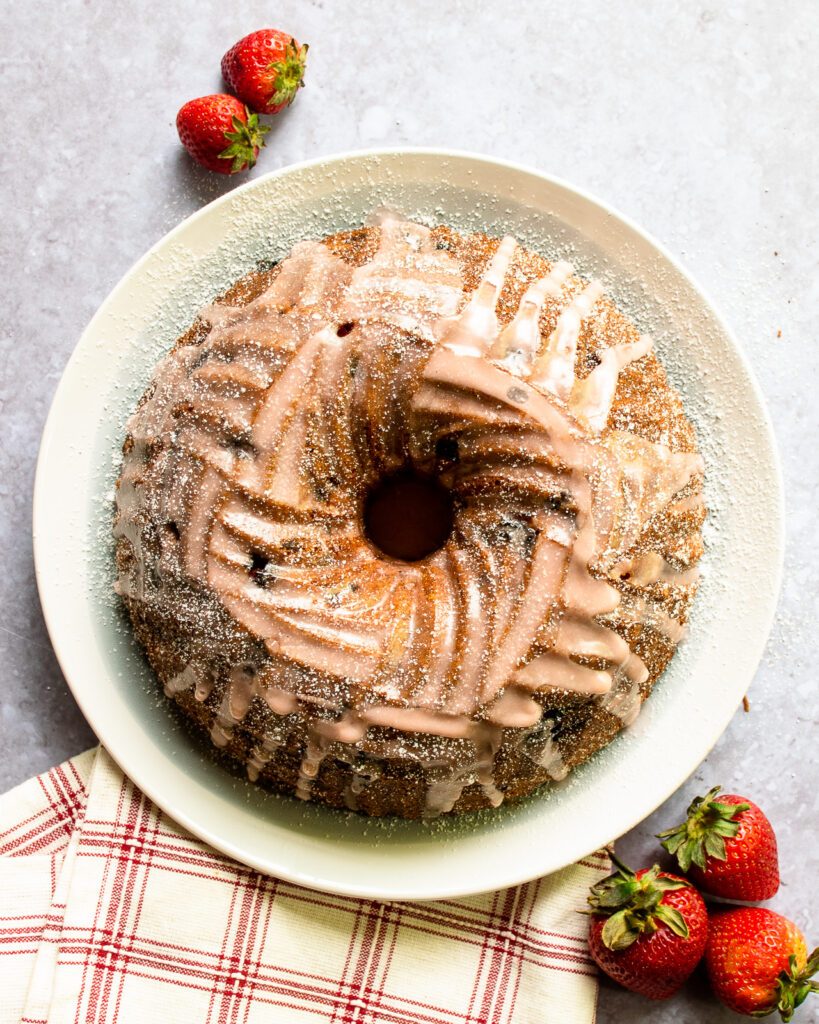 Looking down on a strawberry pound cake.