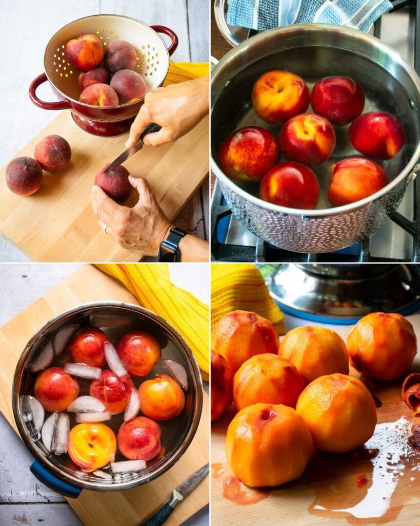 Four images showing how to peel peaches - scoring the bottom, blanching in a stainless steel pot, shocking in an ice bath, peeled peaches on a cutting board.