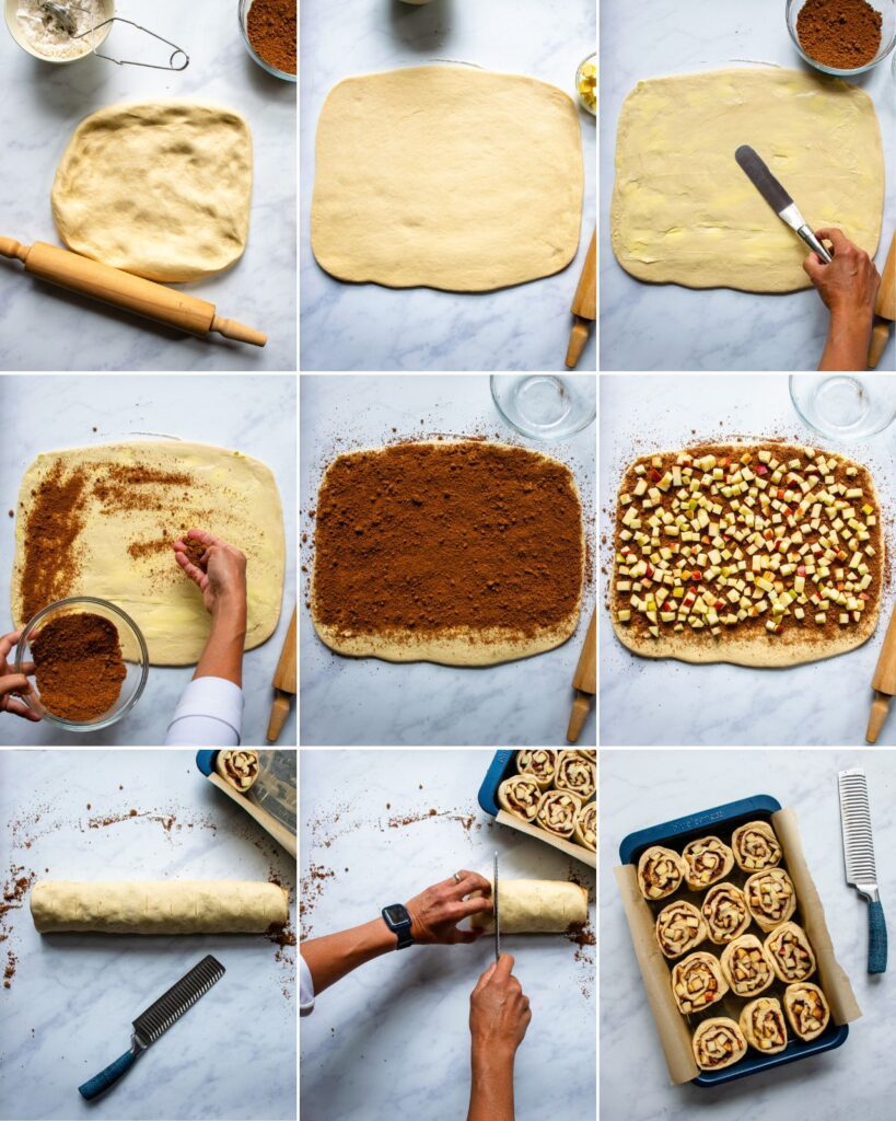 Nine images showing the steps in making apple cinnamon rolls